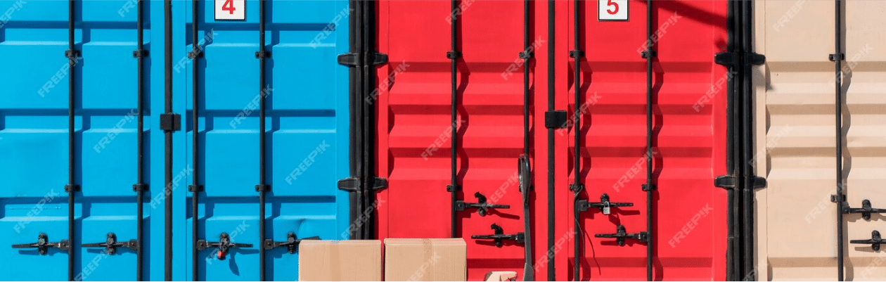 metal storage containers with cardboard boxes in front waiting to be loaded.