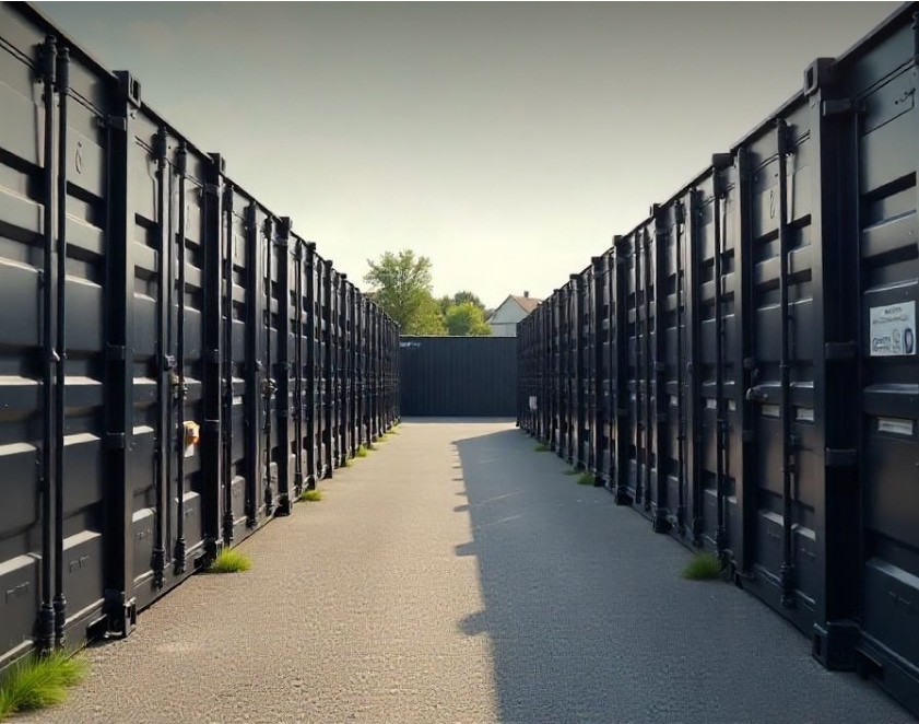 Line of black storage containers at a storage facility