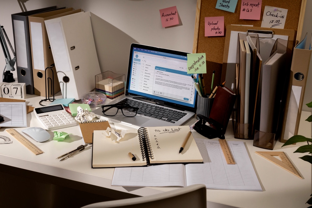 Image of a cluttered work desk